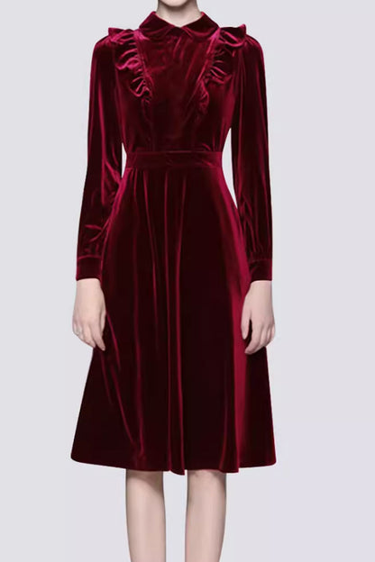 Blue Velvet Knee Length Dress - Ruffle Detail & Lapel Collar 4798