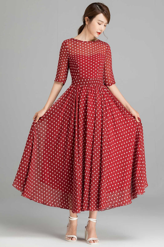 Red Polka Dot Chiffon Maxi dress 2364
