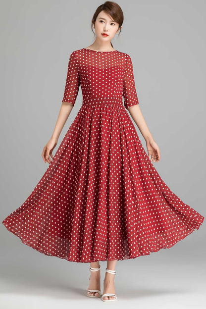 Red Polka Dot Chiffon Maxi dress 2364