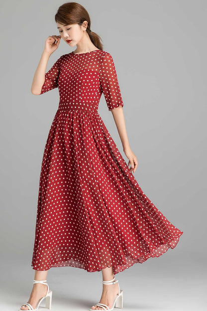 Red Polka Dot Chiffon Maxi dress 2364