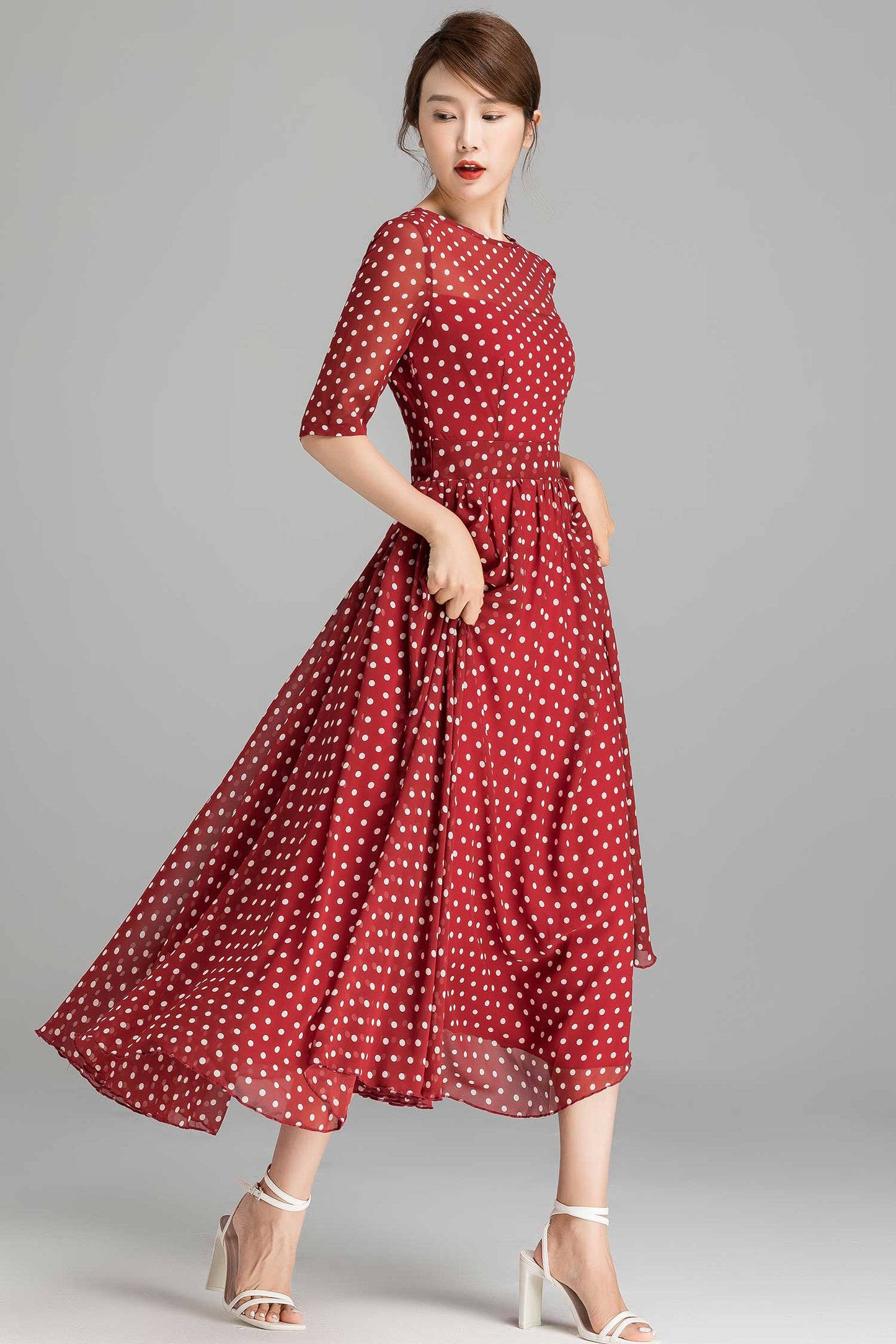 Red Polka Dot Chiffon Maxi dress 2364