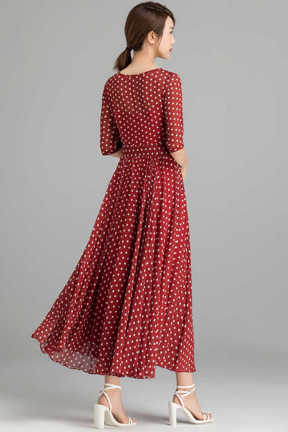 Red Polka Dot Chiffon Maxi dress 2364