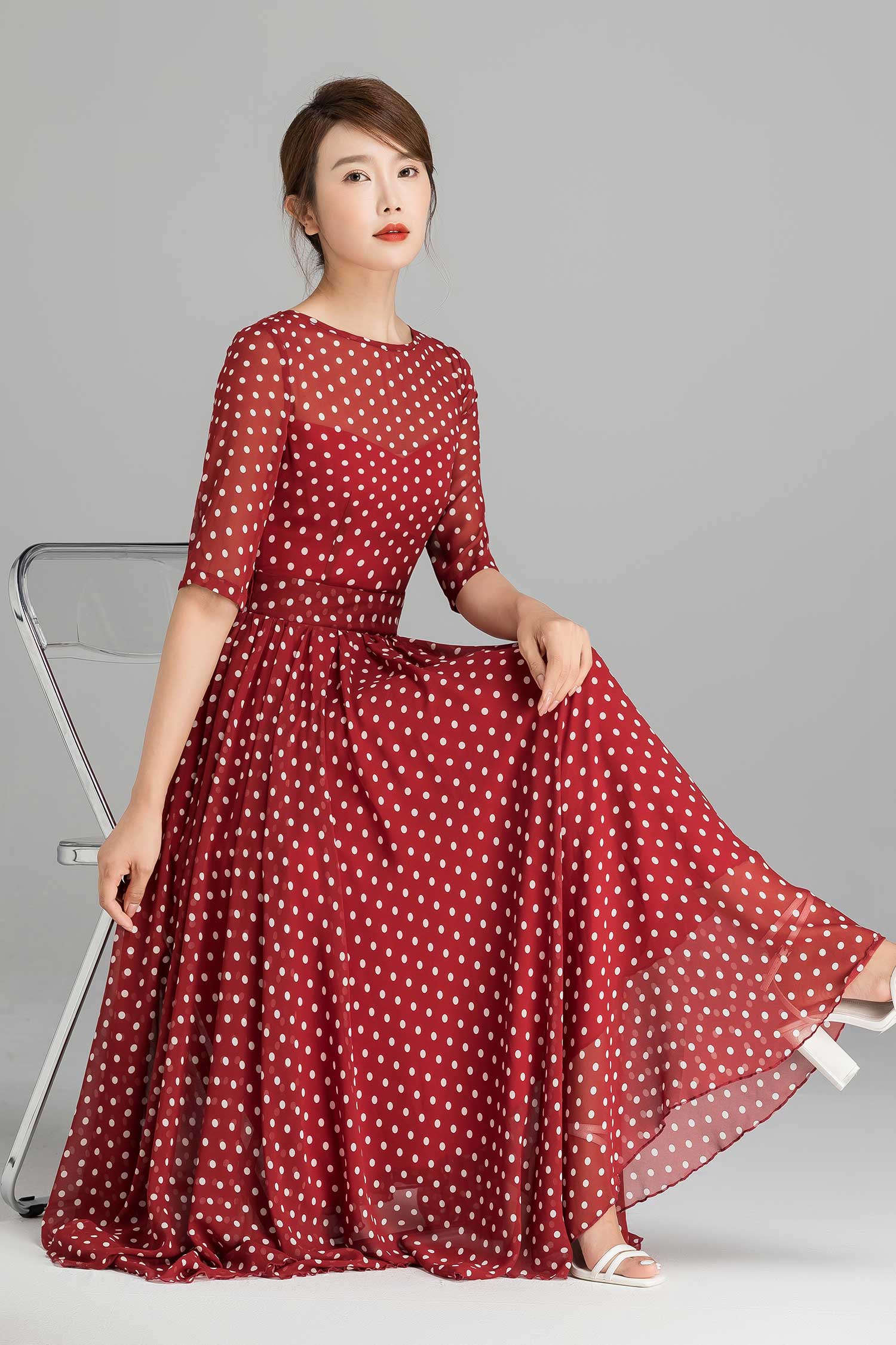 Red Polka Dot Chiffon Maxi dress 2364 Xiaolizi Red Polka Dot Chiffon Maxi dress 2364 Xiaolizi