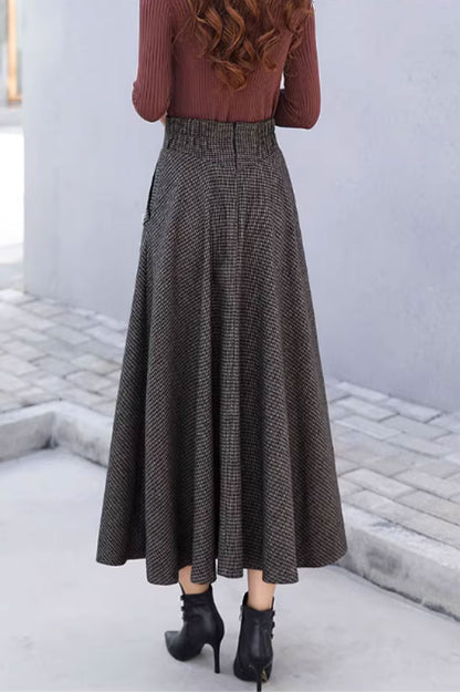 Black Gray Wool Midi Skirt - Striped A-Line with Pockets 4645-1
