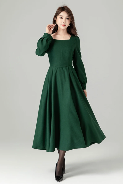 Handmade Emerald Green Wool Midi Dress – Vintage Fit and Flare Winter Dress | Xiaolizi 4492