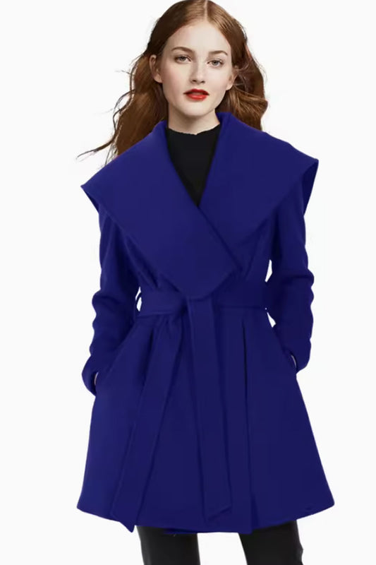 short blue winter wool coat with big lapel collar 4434