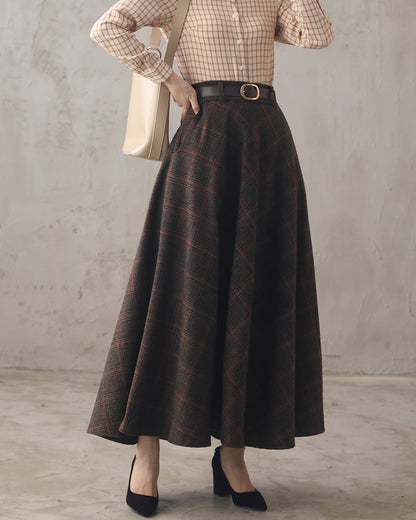 Brown Plaid Wool Maxi Skirt – Vintage High Waist Winter Long Skirt with Pockets 3102