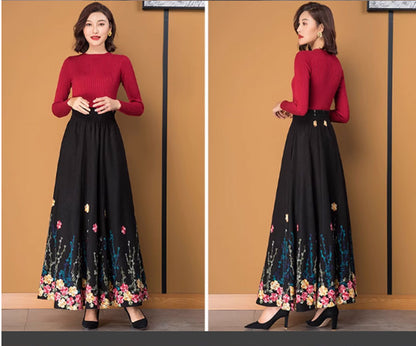 Black Wool Maxi Skirt - Embroidered A-Line with Elastic Waist 4768