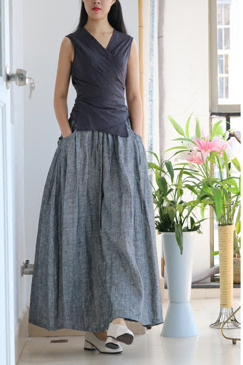 Plus size maxi linen skirt women with pockets 4358