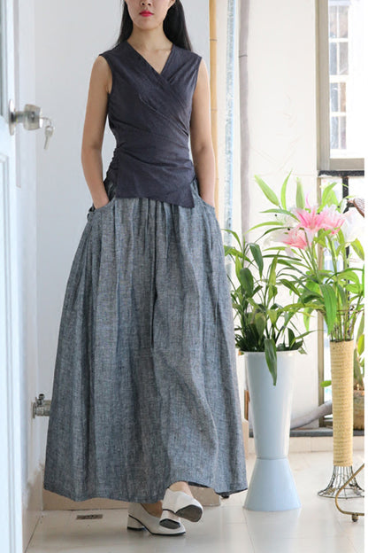 Linen Maxi Skirt - Elastic Waist Side Pockets Plus Size | Xiaolizi 4358