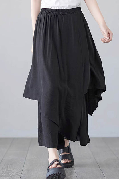Black Linen Skirt Pants - Loose Fit with Elastic Waist 4349