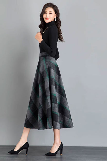 Plaid Wool Midi Skirt - A-Line Silhouette with Back Elastic Waist 4641-5