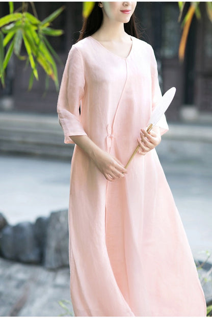 White Linen Cotton Dress - Flowy V-Neck with 3/4 Sleeves 4321