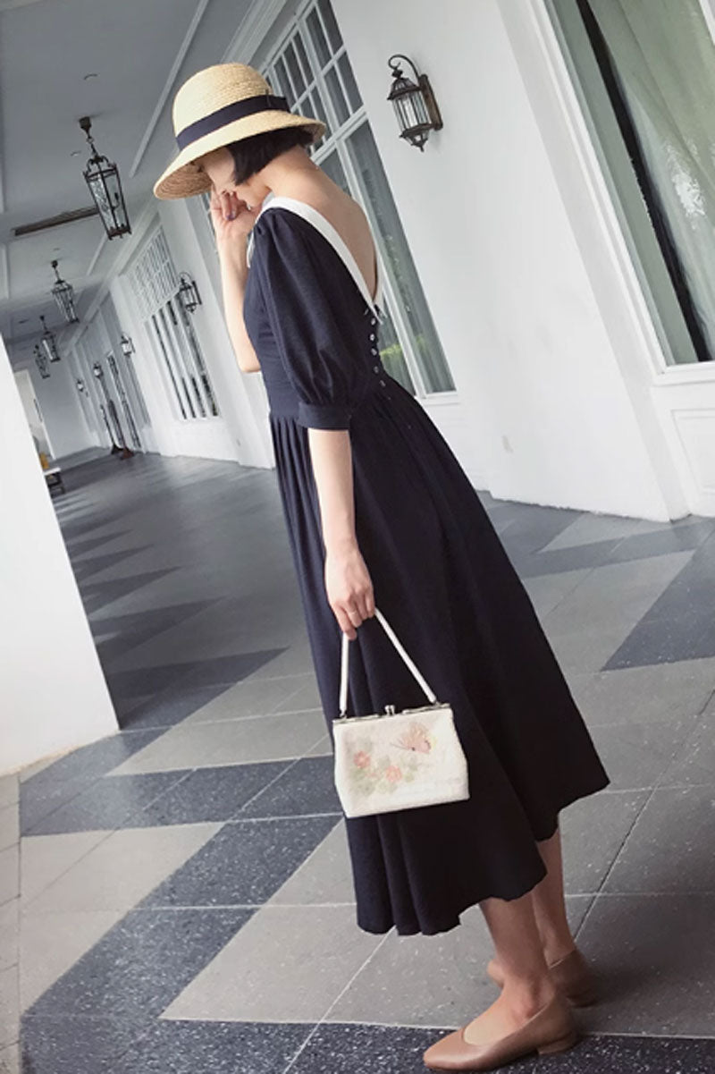 Black fit and flare short sleeves summer dress 4848