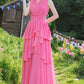 pink V neck summer chiffon dress 4440