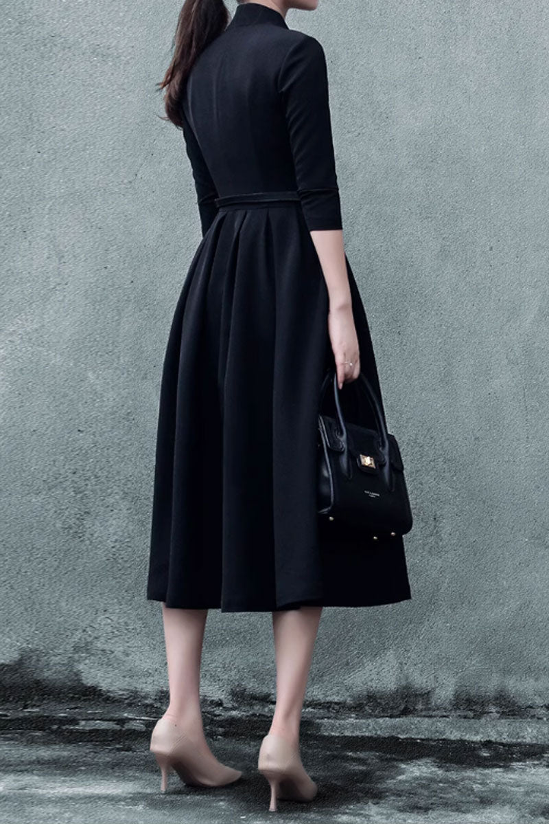 black fit and flare midi dress Bebe Women's Sweetheart High Neck Women's Stretch Twill Fit &