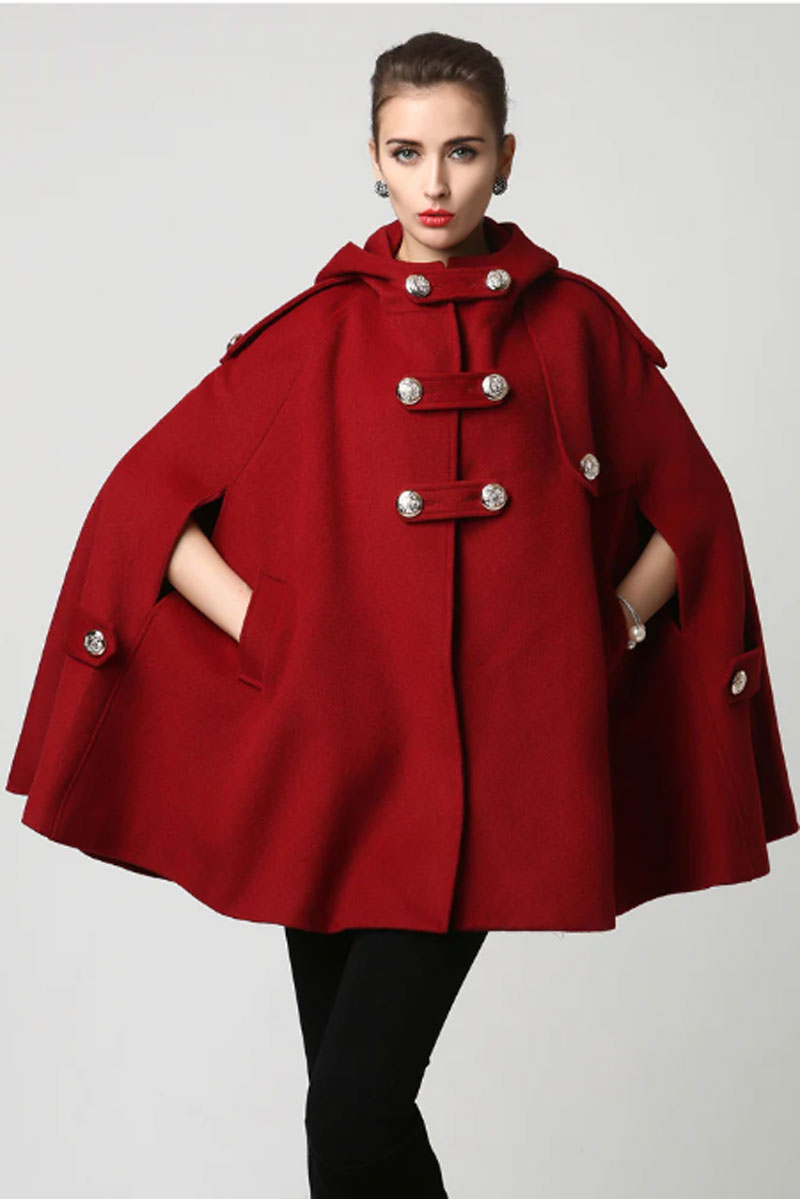 Women's Winter Red Wool Hooded Wool Cape Coat 1130