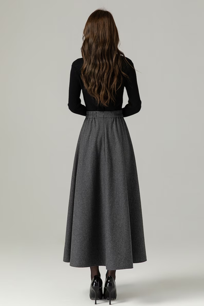 Gray Wool A-Line Maxi Skirt - Flowy Ankle Length with Pockets 4497