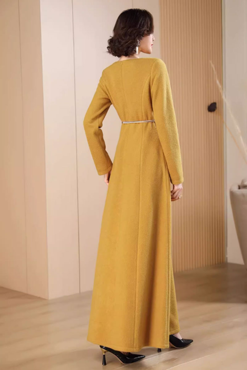 Yellow Wool Maxi Dress - Long Sleeve, Button Front Elegance 4709