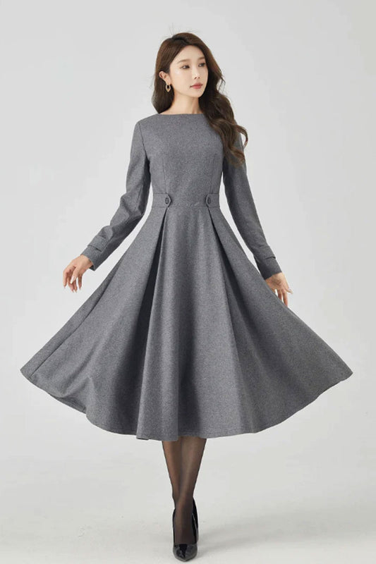 Fit and flare gray midi wool dress 4525