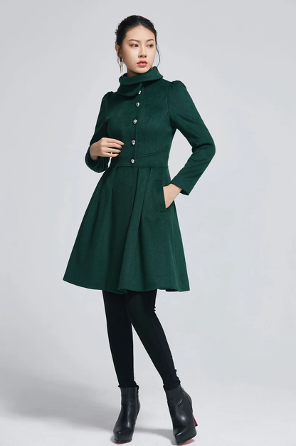 Dark Green Wool Blend Coat – Handmade Short Vintage Winter Jacket 2277