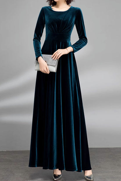 Dark Blue Velvet Maxi Dress with Fitted Waist and Long Sleeves – Xiaolizi