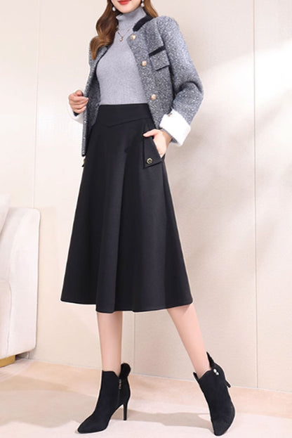 Brown Wool A-Line Midi Skirt - Warm with Pockets 4751