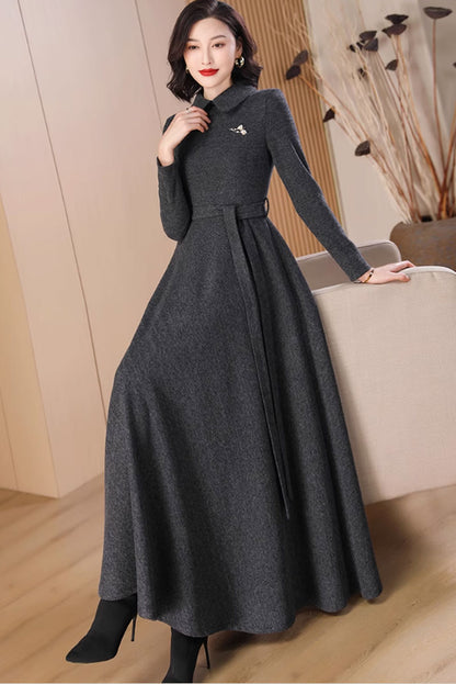 Dark Gray Wool Maxi Dress - Flowy Fit with Lapel Collar 4791