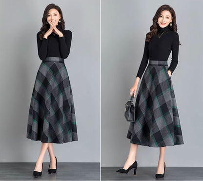 Plaid Wool Midi Skirt - A-Line Silhouette with Back Elastic Waist 4641-5