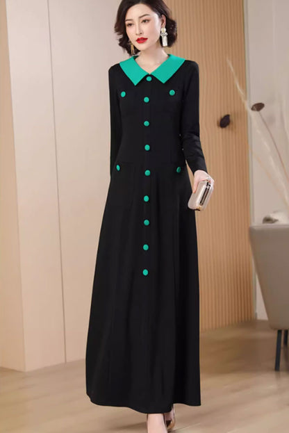 Black Polyester Maxi Dress - Fit and Flare with Lapel Collar 4786