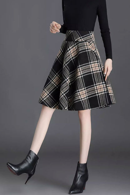 Plaid Wool Skater Skirt - A-Line Silhouette with Pockets 4654