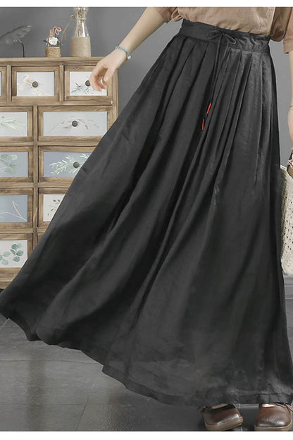 White Linen Maxi Skirt - Elastic Waist A-Line Flow 4345