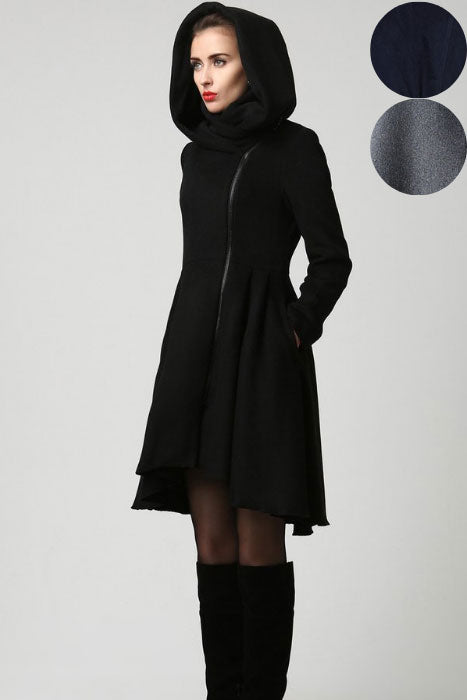 Black Winter Hooded Wool Coat 1121