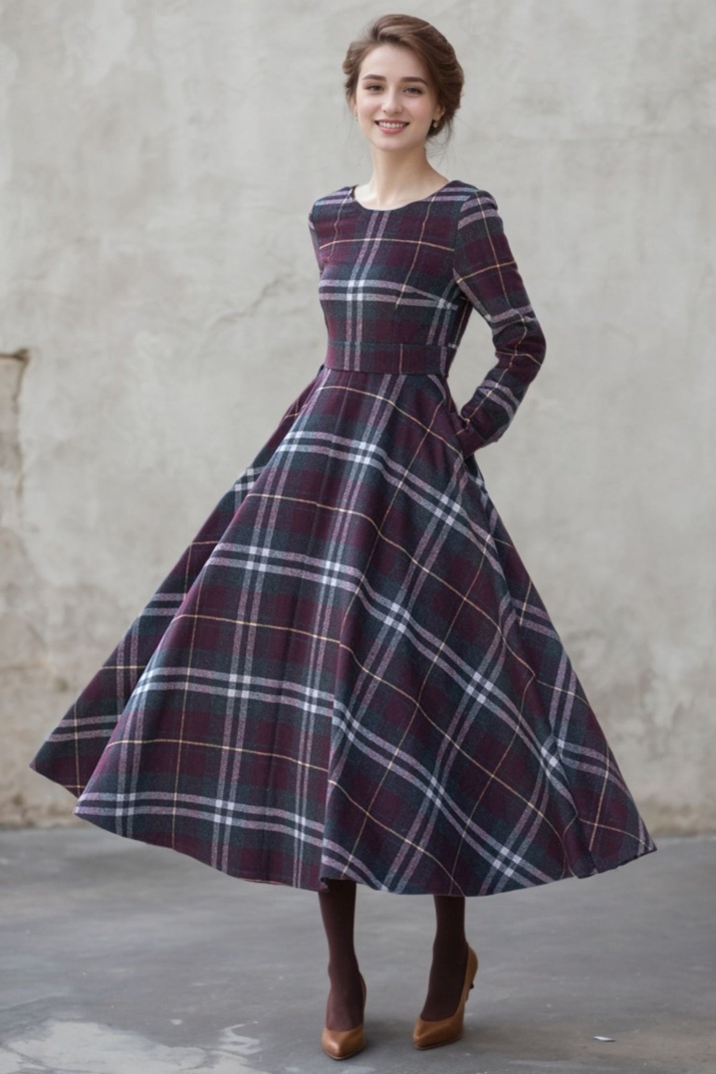 Handmade Swing plaid midi wool dress women 5308