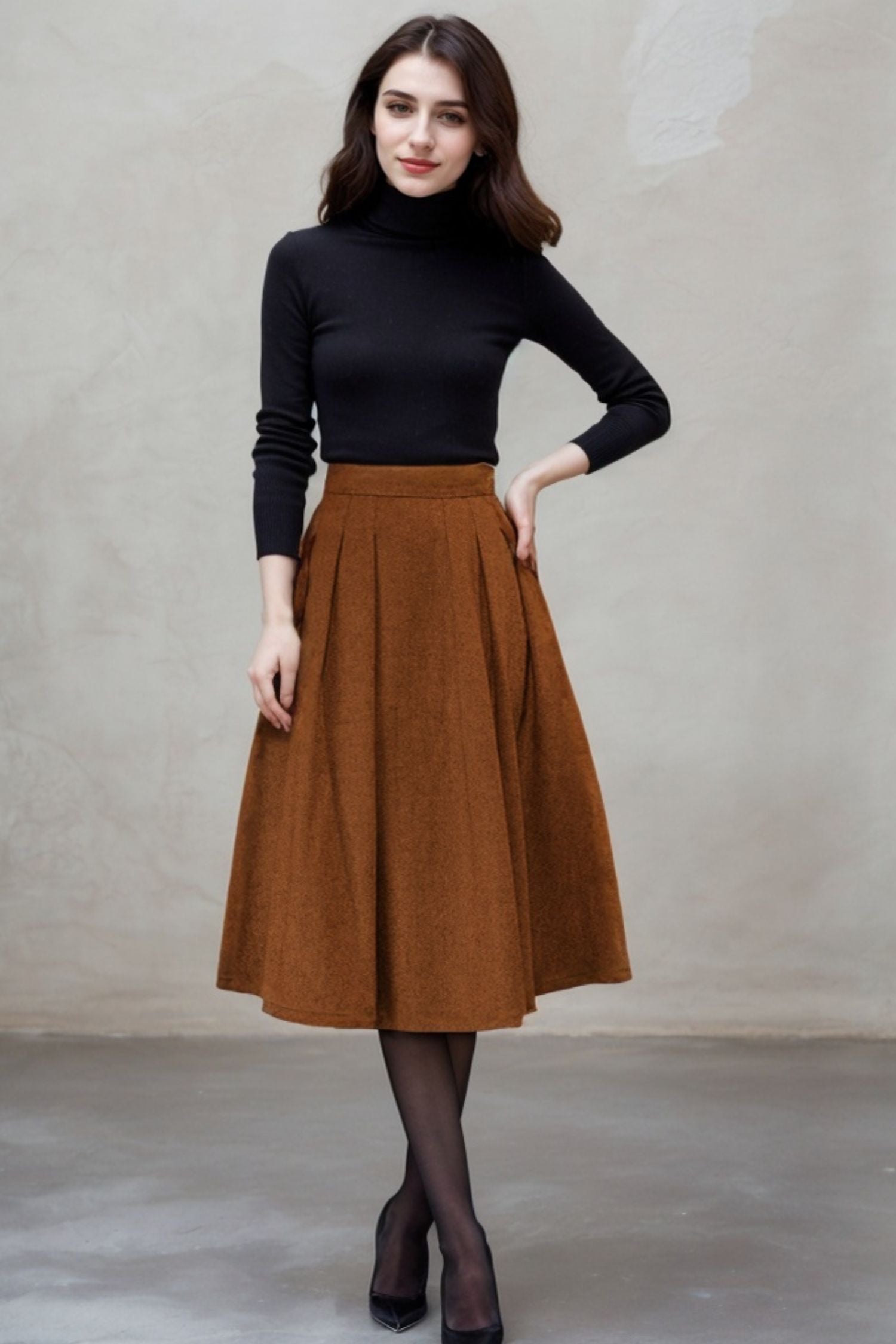 Handmade Wool Pleated Midi Skirt – Vintage Brown Winter Skirt Xiaolizi 5492