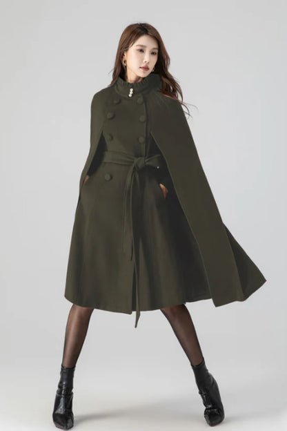 Army Green Wool Cape Coat – Women’s Vintage Stand Collar Cloak with Belt 5552