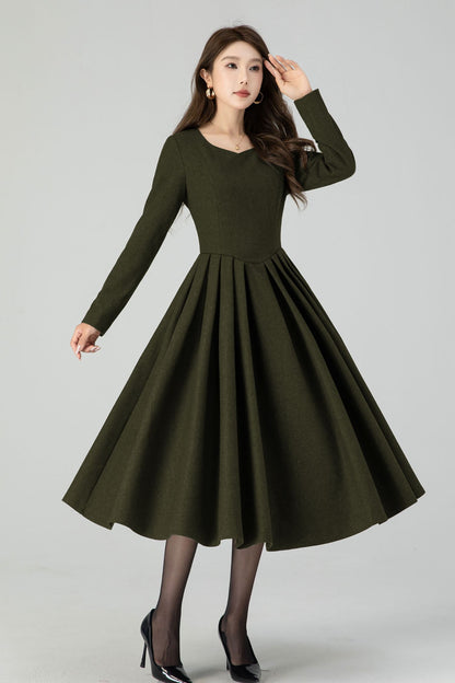 Winter Wool Midi Dress – Women’s Fit and Flare Long Sleeve 5501