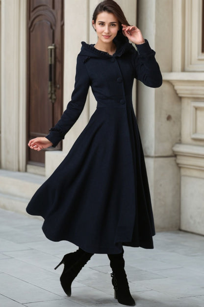 Dark Blue Long Hooded Wool Coat 1102