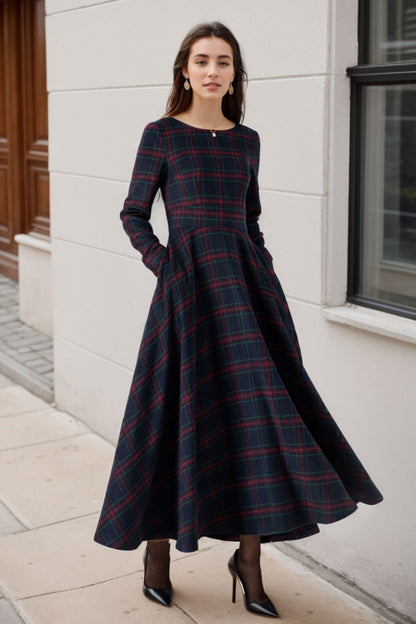 Handmade Navy Red Plaid Wool Maxi Dress – Long Sleeve Fit and Flare | Xiaolizi 5266