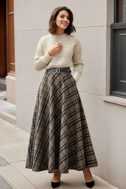 Beige Plaid Wool Skirt - High Waist Swing Silhouette 5259