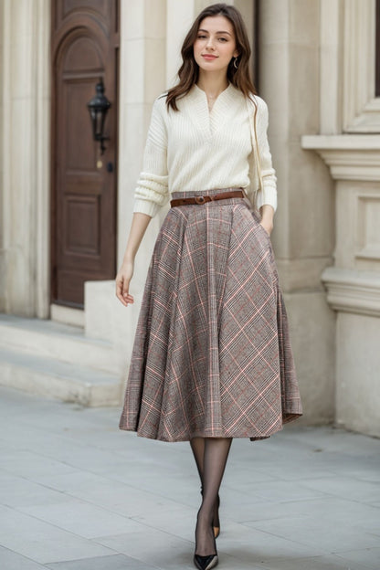 Plaid Wool Midi Swing Skirt - Pleated Circle Silhouette 5400