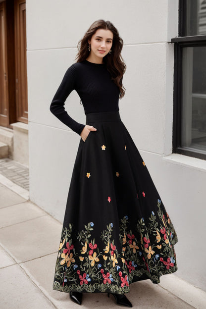 Classic Black Wool Maxi Skirt – Floral Embroidery Hem, A-Line – 5270