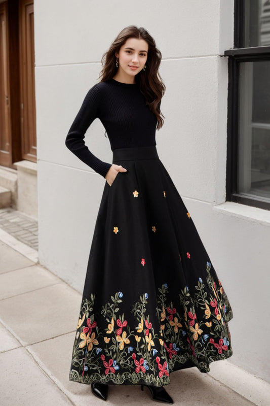 Black Maxi Embroidered Wool Skirt 5270