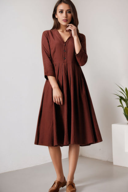 Brown Linen Blend Midi Dress - V-Neck, Button-Up, Relaxed Fit 5600