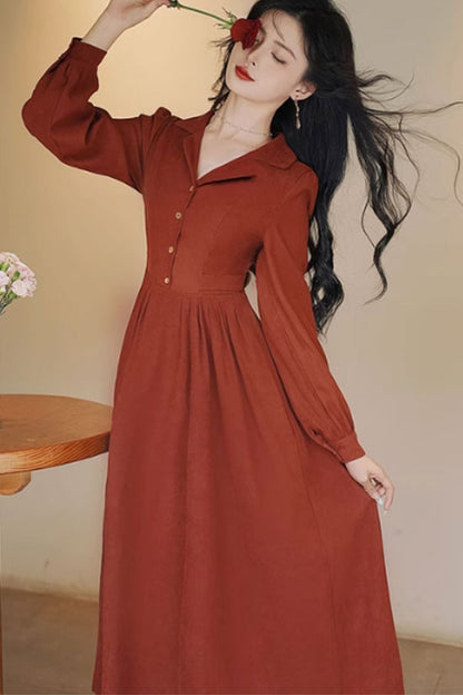 Rust Red Midi Shirt Dress - Long Sleeve Lapel | Xiaolizi 4803