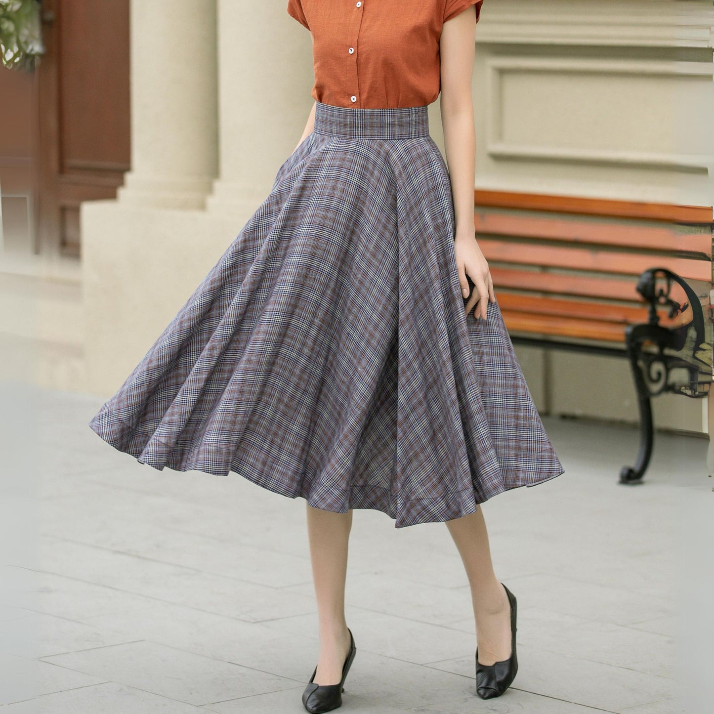 High waisted plaid summer linen skirt 4952