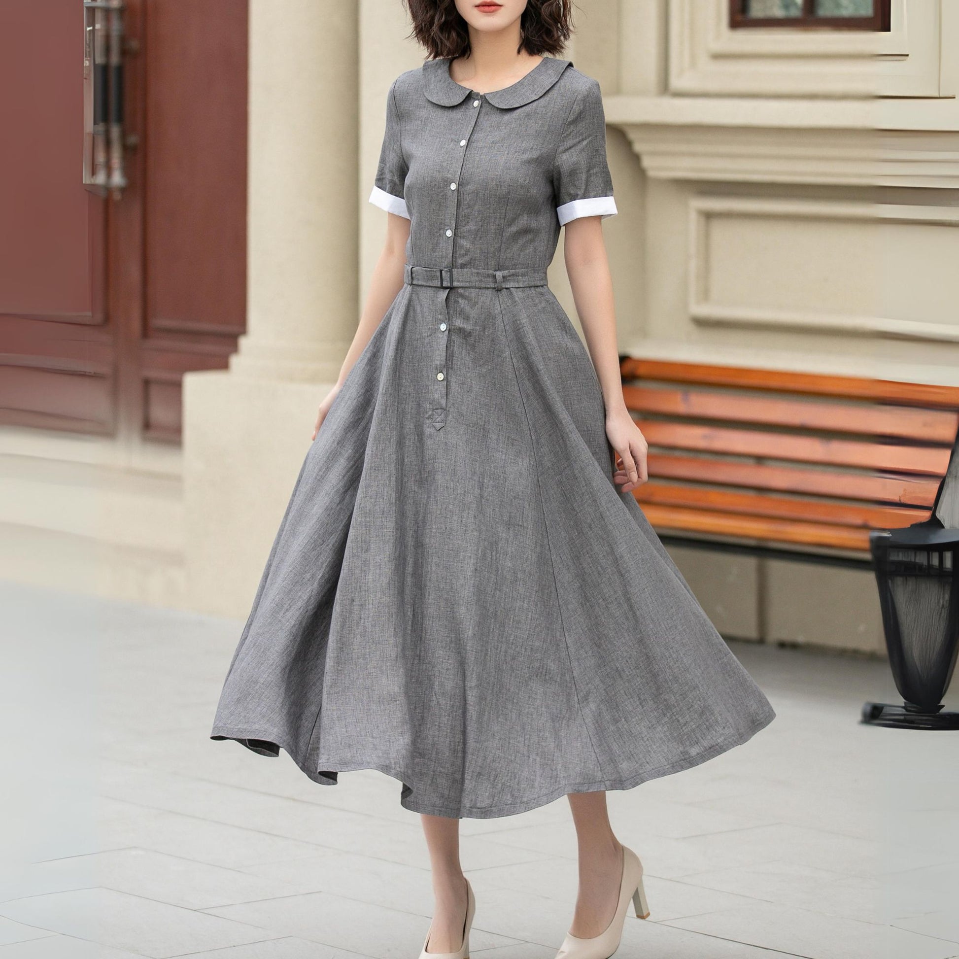 Gray Belted Linen Midi Shirt Dress Breathable & Elegant | Xiaolizi Gray Belted Linen Midi Shirt Dress Breathable & Elegant | Xiaolizi