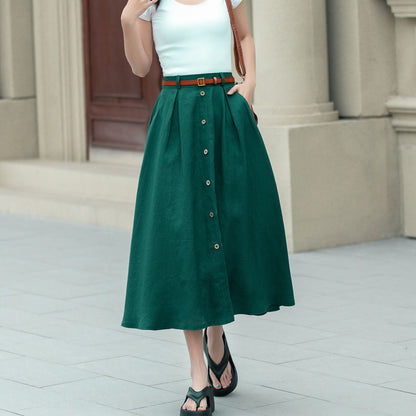 Green Linen A-Line Midi Skirt - Button Front Detail 4967