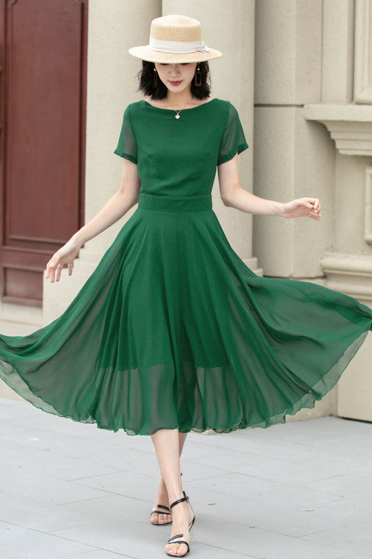 Midi fit and flare summer swing chiffon dress 6105