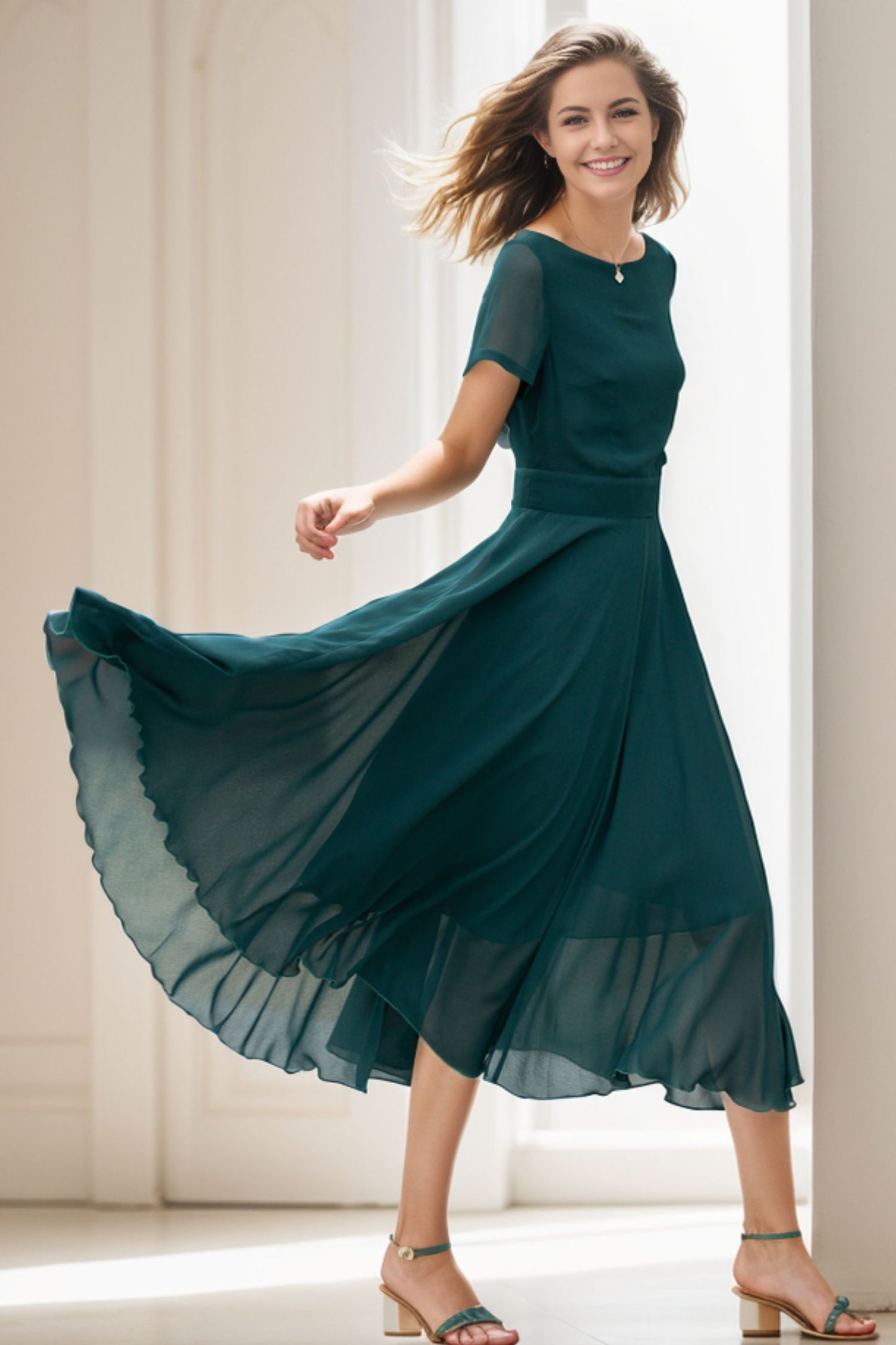 Emerald Green Chiffon Midi Fit and Flare Dress - Sheer Sleeve 5145